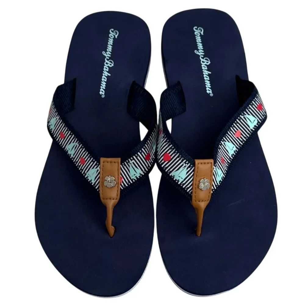Tommy Bahama Womens Miramar Flip Flops Size 9 US Navy Blue Sailboat & Heart - Picture 7 of 8